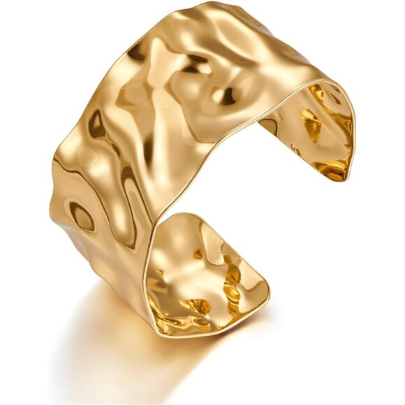 Hammered Gold Silver Cuff Bracelet for Women Wide Vintage Boho Statement - Picture 1 of 8